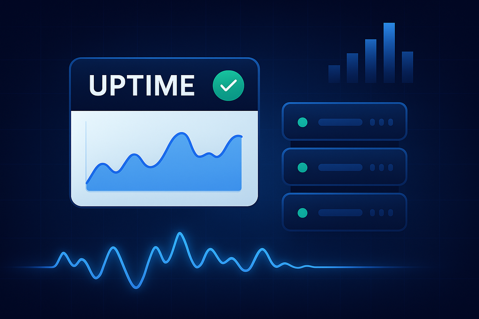 A clean digital graphic showing a modern uptime dashboard concept with charts and server indicators representing reliable system monitoring.