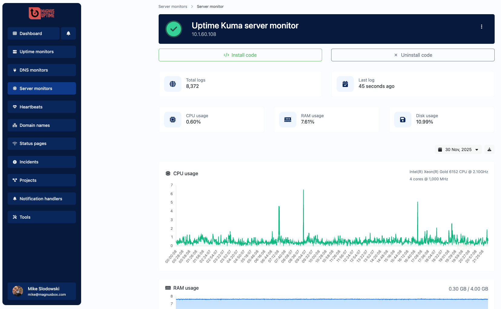 Screenshot of the app server monitor page
