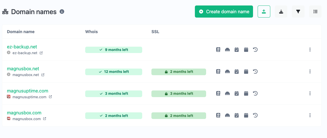 Screenshot of the app domain names list page
