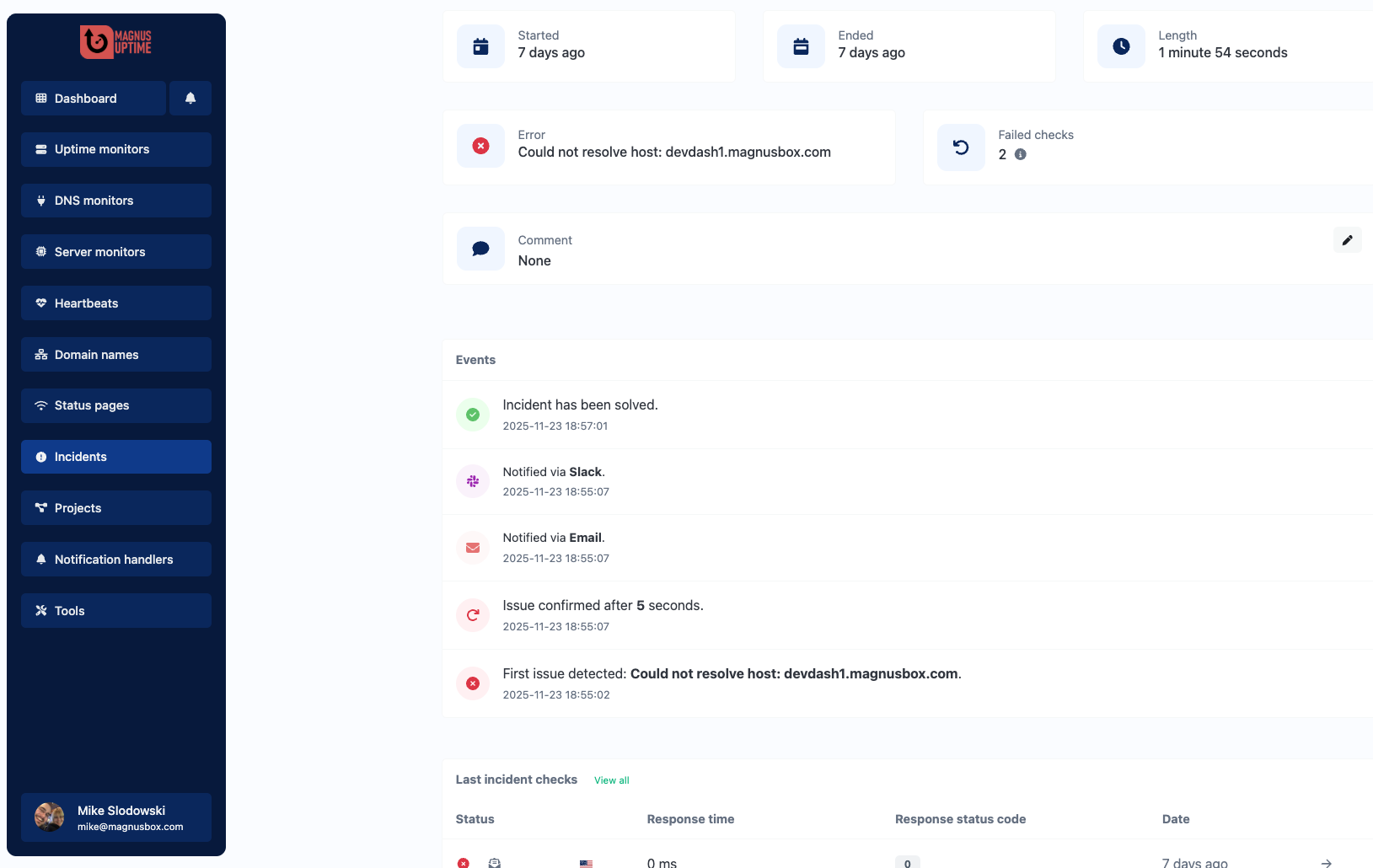 Screenshot of the app monitors incidents page